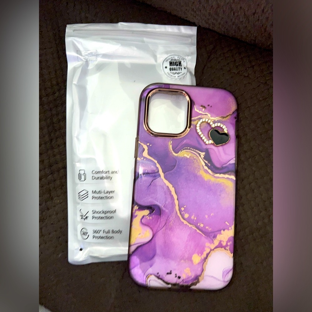 iPhone 12 Pro Max, purple marble 360 heart charm phone case brand new